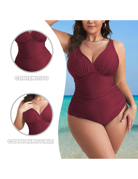 2pz Costume da Bagno Intero Donna Tinta Unita Plus Size Scollo a V Contenitivo