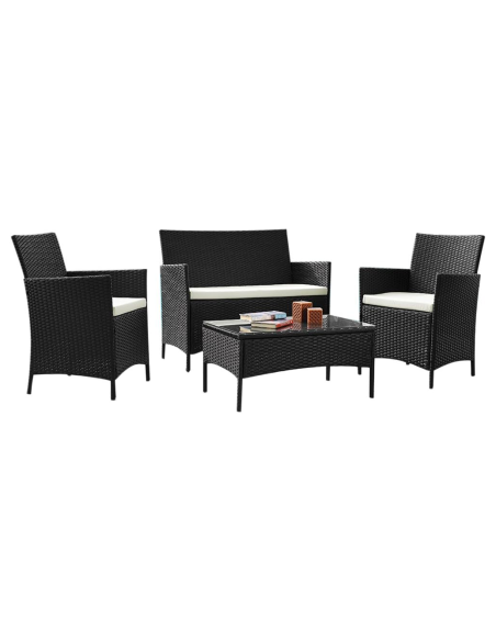 Set da Giardino IBIZA Polyrattan Divano 2 Poltrone con Cuscini Tavolino in Vetro