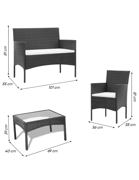 Set da Giardino IBIZA Polyrattan Divano 2 Poltrone con Cuscini Tavolino in Vetro