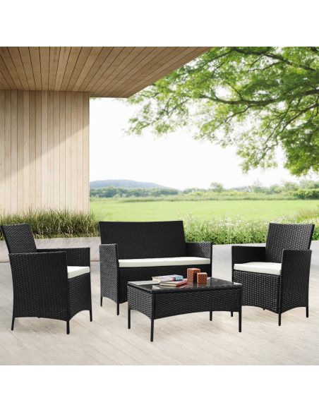 Set da Giardino IBIZA Polyrattan Divano 2 Poltrone con Cuscini Tavolino in Vetro