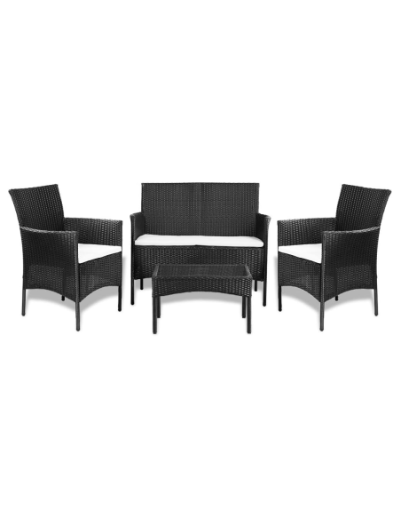 Set da Giardino IBIZA Polyrattan Divano 2 Poltrone con Cuscini Tavolino in Vetro