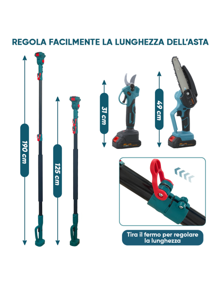 Kit 3in1 Forbici Potatura Elettrica Batteria 48V Asta Telescopica Motosega da 6"