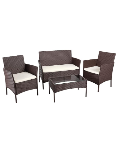 Set da Giardino IBIZA Polyrattan Divano 2 Poltrone con Cuscini Tavolino in Vetro Marrone