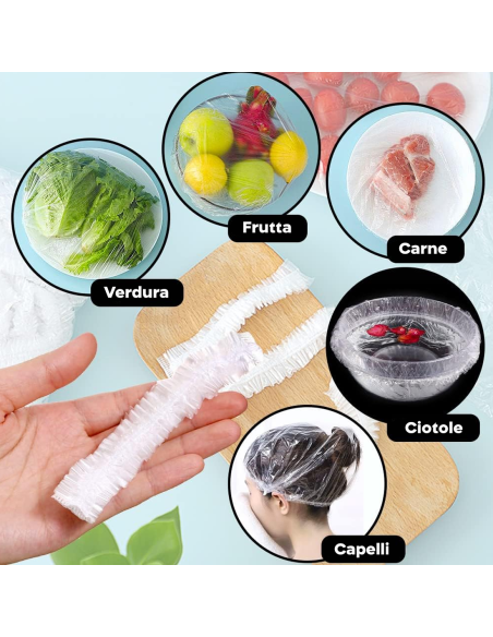 100 Sacchetti per Conservazione degli Alimenti Usa e Getta Copertura Elastica