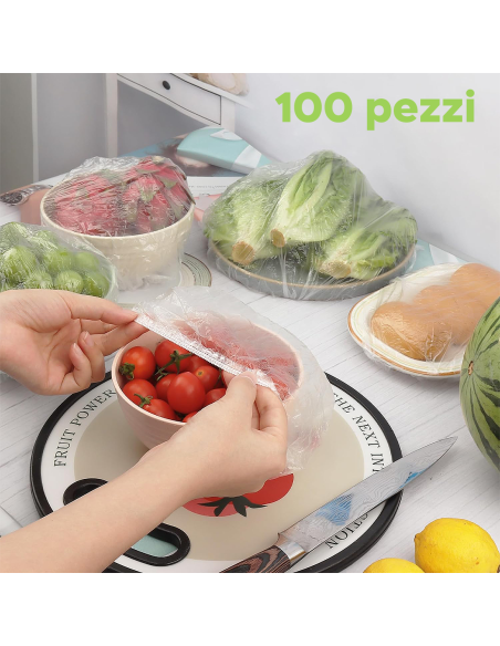 100 Sacchetti per Conservazione degli Alimenti Usa e Getta Copertura Elastica