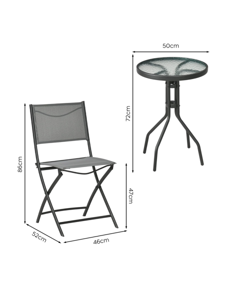 Set Giardino MALDIVE 2 Sedie Pieghevoli in Acciaio e Tavolino Tondo in Vetro