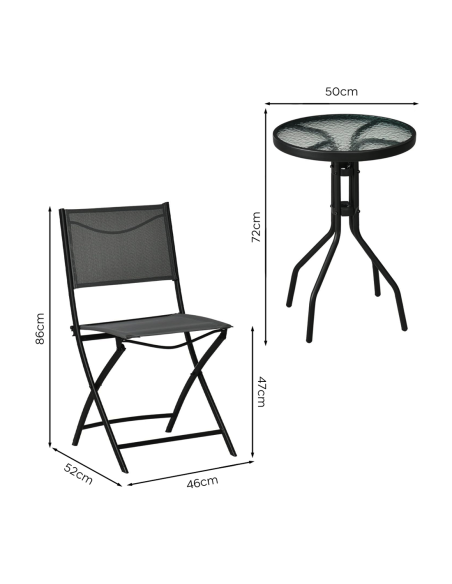 Set Giardino MALDIVE 2 Sedie Pieghevoli in Acciaio e Tavolino Tondo in Vetro