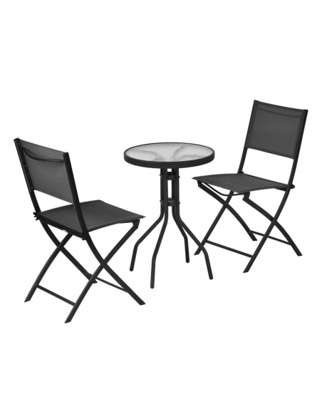 Set Giardino MALDIVE 2 Sedie Pieghevoli in Acciaio e Tavolino Tondo in Vetro