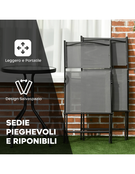 Set Giardino MALDIVE 2 Sedie Pieghevoli in Acciaio e Tavolino Tondo in Vetro