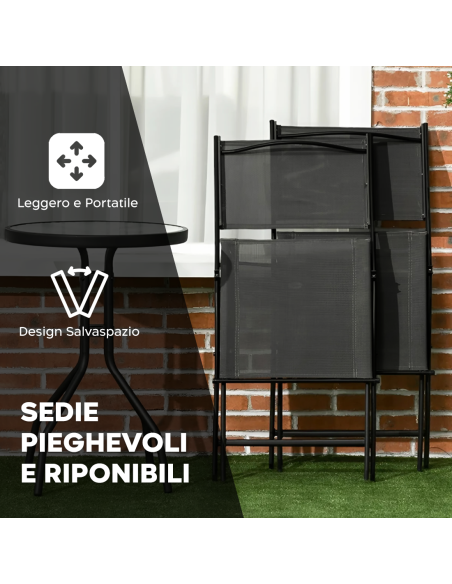 Set Giardino MALDIVE 2 Sedie Pieghevoli in Acciaio e Tavolino Tondo in Vetro