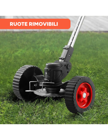 Decespugliatore Cordless 2 Batterie 21V con Ruote e Asta Telescopica Pieghevole