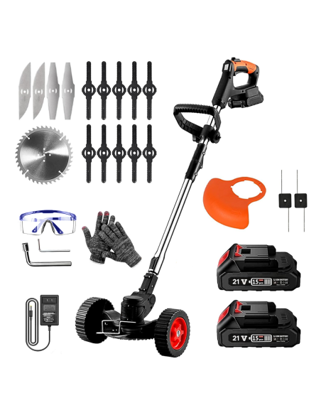 Decespugliatore Cordless 2 Batterie 21V con Ruote e Asta Telescopica Pieghevole