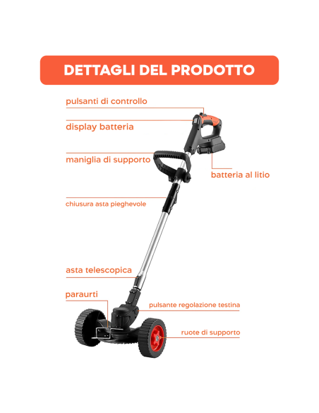 Decespugliatore Cordless 2 Batterie 21V con Ruote e Asta Telescopica Pieghevole