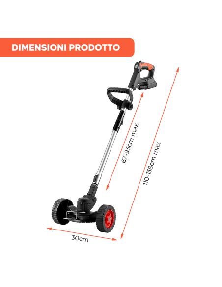 Decespugliatore Cordless 2 Batterie 21V con Ruote e Asta Telescopica Pieghevole
