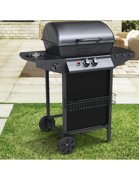 Barbecue a GAS con Fornello 2,9KW 2 Bruciatori con Coperchio e Griglia Acciaio