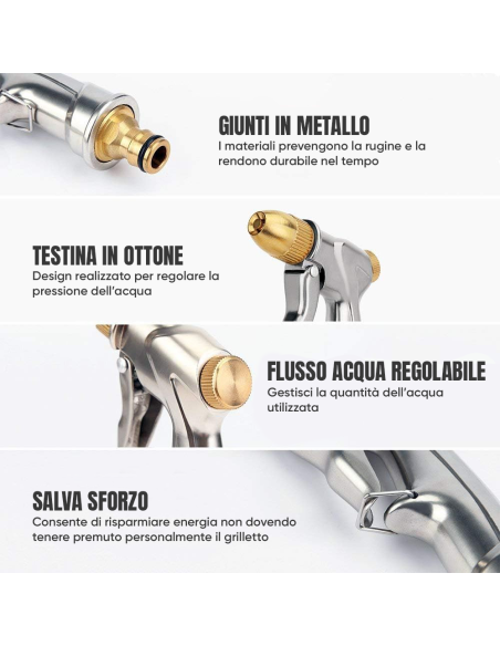 Pistola Irrigazione Acqua per Tubo da Giardino in Metallo con Ugelli Multigetto