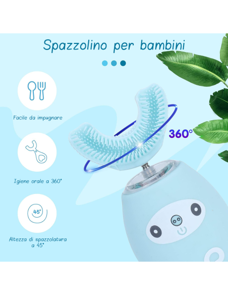 Spazzolino Elettrico Denti Bambini Morbido in Silicone a Forma di U Pulizia 360°