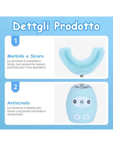 Spazzolino Elettrico Denti Bambini Morbido in Silicone a Forma di U Pulizia 360°