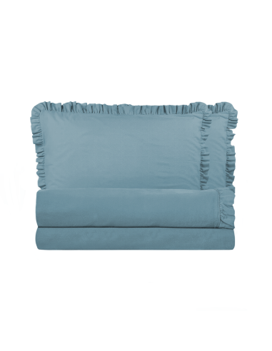 Image of Completo per Letto Matrimoniale con Volant Due Lenzuola e Due Federe con Rouche Azzurro052