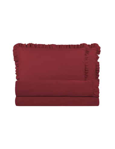 Completo per Letto Matrimoniale con Volant Due Lenzuola e Due Federe con Rouche Bordeaux