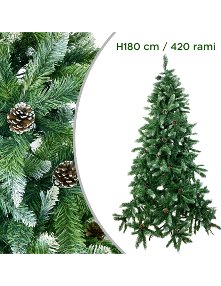 Albero di Natale Artificiale con Pigne e Neve 180H in PVC Supporto in Metallo