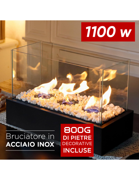 Camino Elettrico Bioetanolo 1100W Decorativo da Tavolo Fiamma Vera 45x20.5x28cm
