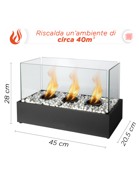 Camino Elettrico Bioetanolo 1100W Decorativo da Tavolo Fiamma Vera 45x20.5x28cm