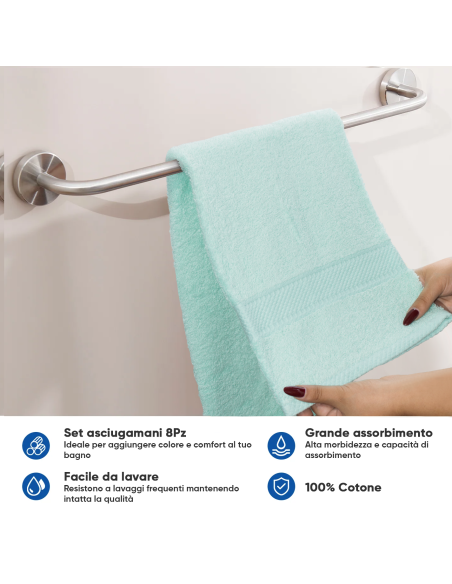 Set 8pz Asciugamani da Bagno 4pz Viso e 4pz Ospite Tinta Unita Puro Cotone