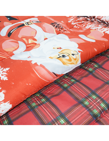 Trapunta Natalizia Matrimoniale Double Face Tartan e Stampa con Babbo Natale