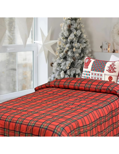 Trapunta Natalizia Matrimoniale Double Face Tartan e Stampa con Babbo Natale