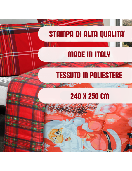 Trapunta Natalizia Matrimoniale Double Face Tartan e Stampa con Babbo Natale