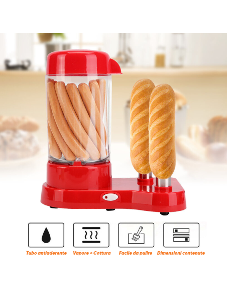 Macchina HotDog Cuoci Wurstel 450W Contenitore Cottura a Vapore con Porta Panino