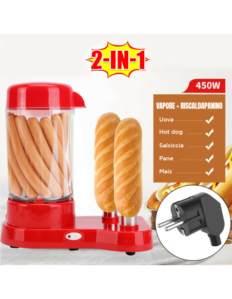 Macchina HotDog Cuoci Wurstel 450W Contenitore Cottura a Vapore con Porta Panino