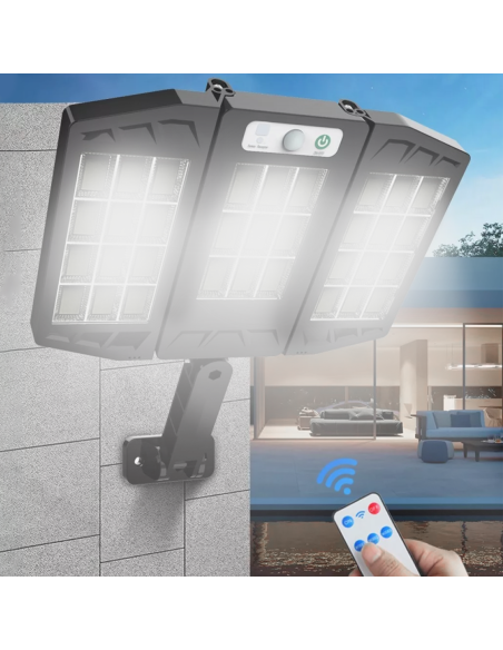 Mini Lampione Solare 3 Pannelli Integrati 216 LED Faro Luce Bianca e Telecomando