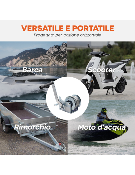 Verricello Manuale fino a 360kg Argano a Mano con Gancio per Rimorchio 10m