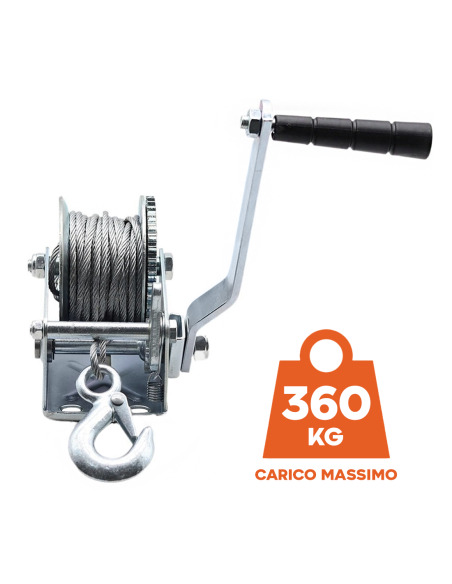 Verricello Manuale fino a 360kg Argano a Mano con Gancio per Rimorchio 10m