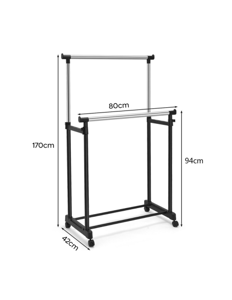 Stand Appendiabiti Doppia Asta Altezza Regolabile Ruote Girevoli e Poggia Scarpe