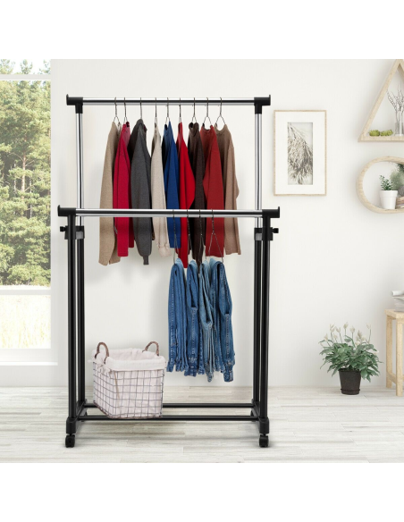 Stand Appendiabiti Doppia Asta Altezza Regolabile Ruote Girevoli e Poggia Scarpe