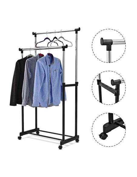 Stand Appendiabiti Doppia Asta Altezza Regolabile Ruote Girevoli e Poggia Scarpe