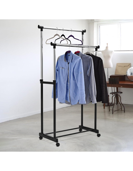 Stand Appendiabiti Doppia Asta Altezza Regolabile Ruote Girevoli e Poggia Scarpe