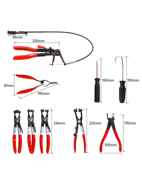 Set 9pz Pinze per Rimozione Fascette Stringitubo Impianto per Auto con Valigetta