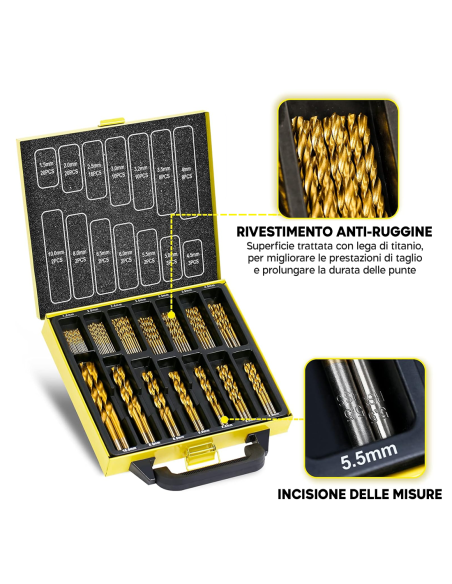 Set Punte per Trapano 100pz in Acciaio Anti Ruggine da 1,5 a 10mm con Valigetta