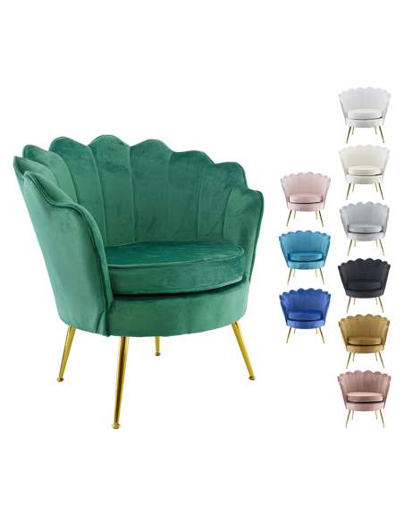 Poltrona Schienale a Conchiglia VENERE in Velluto Vintage Piedi Oro da Salotto