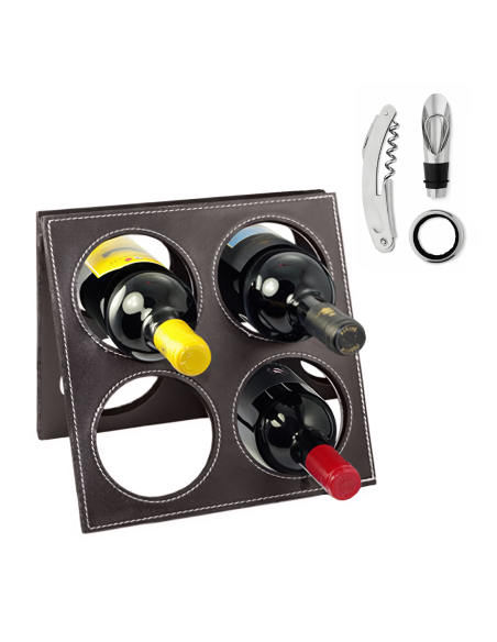 Porta Bottiglie di Vino in Eco Pelle da 4 Posti con Accessori Apri Bottiglia