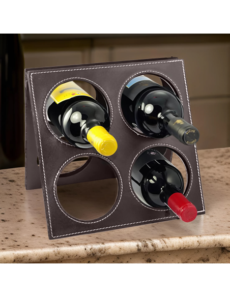 Porta Bottiglie di Vino in Eco Pelle da 4 Posti con Accessori Apri Bottiglia