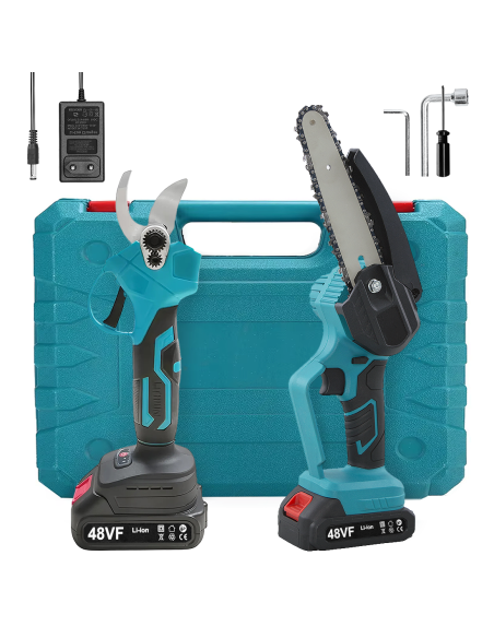 Kit 2pz Forbici Motosega Lama 6 Pollici Batteria 48V Taglio 25mm con Valigetta