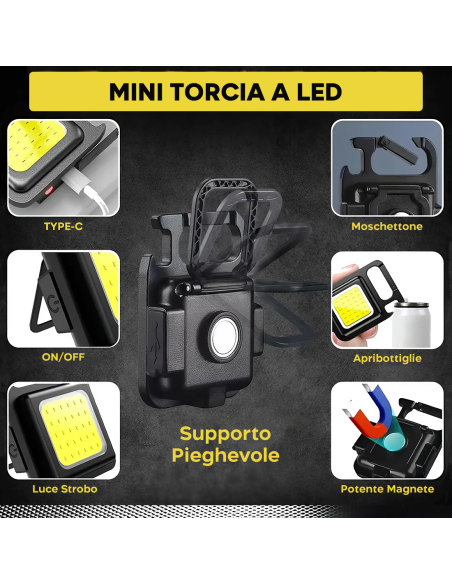 Mini Torcia LED Portachiavi Portatile Multifunzione con Magnete e Apribottiglie