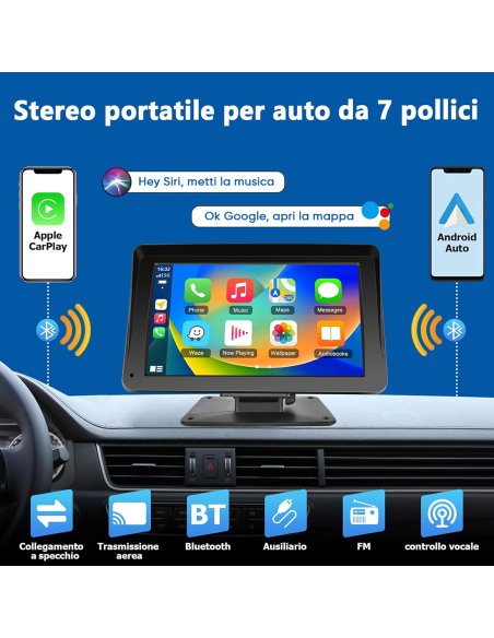 CarPlay Schermo per Auto 7'' con Supporto GPS FM Bluetooth Wireless Android iOS