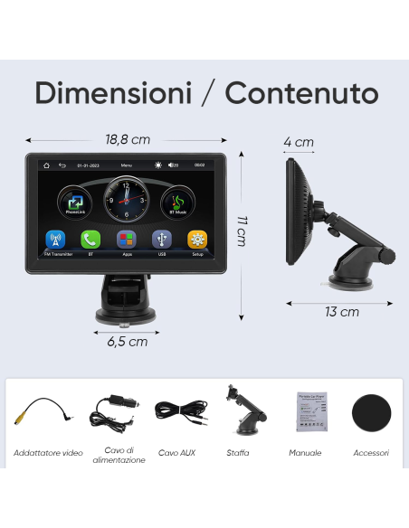 CarPlay Schermo per Auto 7'' con Supporto GPS FM Bluetooth Wireless Android iOS