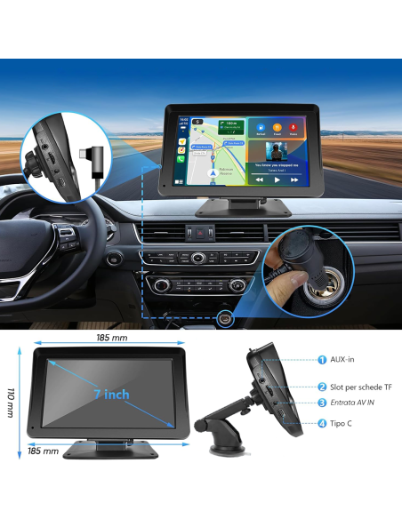 CarPlay Schermo per Auto 7'' con Supporto GPS FM Bluetooth Wireless Android iOS